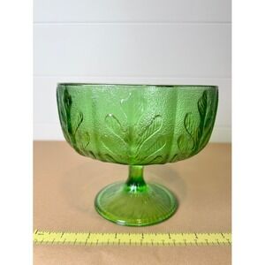 VTG FTD 1975 Green Compote Pedestal Glass Bowl Oak Leaf Embossed Centerpeice